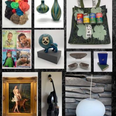 Something for Everyone Auction: wool roving, blown glass vases, Andy Warhol flowers bag and Campbell's soup can set, Dutch Ottobre...