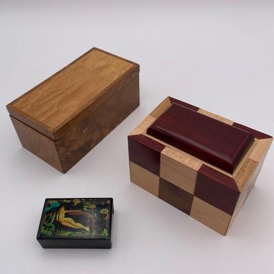 Artist Made Wooden Treasure Box Duo + Matchbox