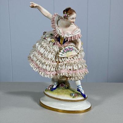 VOLKSTEDT PORCELAIN BALLERINA FIGURINE | Early German ballerina figurine with pink & white porcelain lace dress with floral accents....