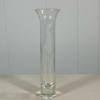 SIGNED GLASS PEACOCK VASE | Glass vase with etched peacock and flared top, signed on bottom “MELN / 45/50”. - h. 10 x dia. 3 in

