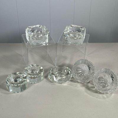 (7PC) CUT GLASS ASHTRAYS | Including: pair of cut glass orb ashtrays, pair square ashtrays, pair decagon shaped ashtrays, and cut glass...