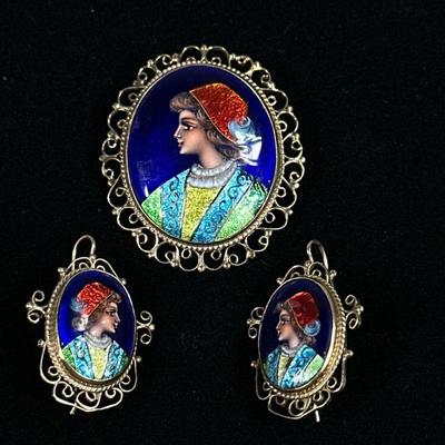 (3PC) 14K GOLD & ENAMEL JEWELRY SET | Comprising: Tested as 14K gold bordered pin/brooch; 1.75 in. and pair of earrings showing...