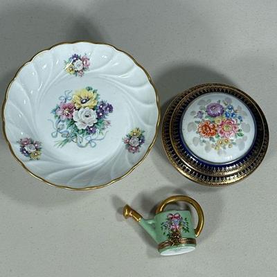 (3PC) MIXED LIMOGES DISHES | Including: imperial cobalt blue lidded dish with floral top, small floral compote with gilt rim, and...