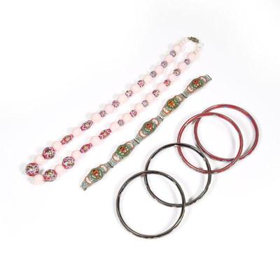 (6PC) CLOISONNE & OTHER JEWELRY | Including a set of four Chinese cloisonne bangle bracelets (dia, 3 in.), two with red ground and...
