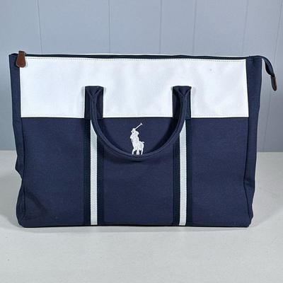POLO RALPH LAUREN DUFFEL BAG | Ralph Lauren Polo duffel bag with shoulder strap having stitched polo logo with white leather top and...