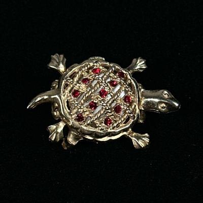 SHEFFIELD TURTLE WATCH PIN | Gold-toned turtle pin/brooch with Sheffield Swiss watch inside. - l. 1.5 x w. 1 in

