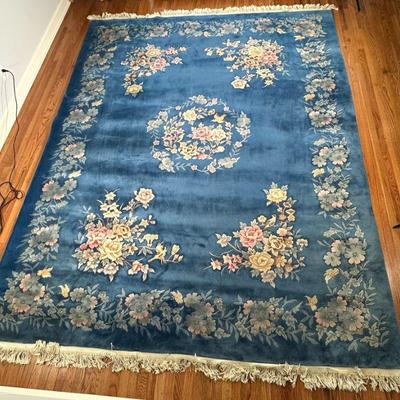 BLUE FLOWER & BIRD DECORATED AREA RUG | Having high pile, floral central medallion with birds and colorful pink and white flowers...