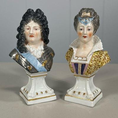 (2PC) PAIR EDME SAMSON ROYAL CROWN DERBY PORCELAIN BUSTS | Including: Louis XIV miniature bust and Diane de Poitiers miniature bust, hand...