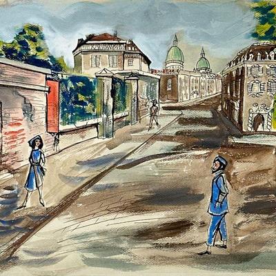 BRUNO KRAUSKOPF (GERMAN 1892-1960) | untitled. Mixed media on paper. 19.5 x 26.5 in. Sight. Depicting man and woman on small city street...