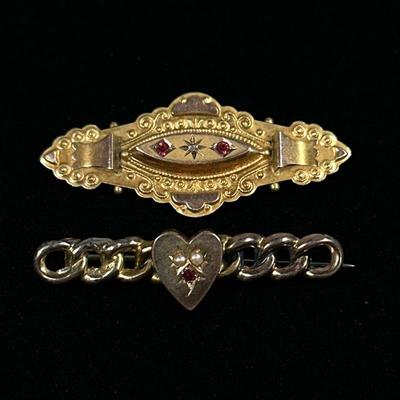 (2PC) 10K & 9K GOLD PINS | Designed as a (tested to) 10K gold heart & chain form pin/brooch set with pearls and pink sapphire,...