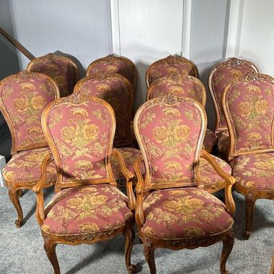 (10PC) CENTURY FURNITURE DINING CHAIRS | Includes: 2 armchairs and 8 side chairs having carved wood back with floral relief over carved...