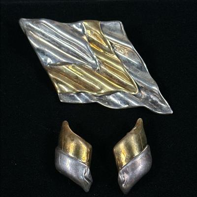 BAT-AMI STERLING SILVER JEWELRY | Comprising: large brooch 25.2g and pair of earrings 12.7g, signed and stamped “Bat-Ami 925”: total...