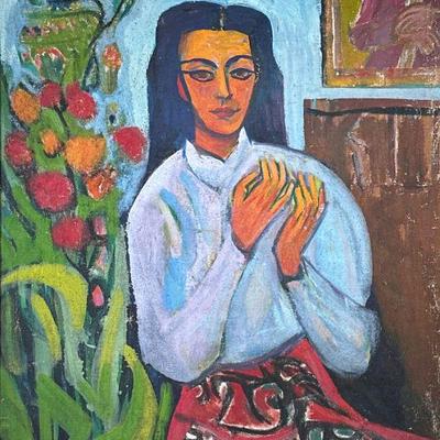 BRUNO KRAUSKOPF (GERMAN 1892-1960) OIL PAINTING | untitled. Oil on canvas. 48 x 36 in. Stretcher. Showing woman sitting with plants,...