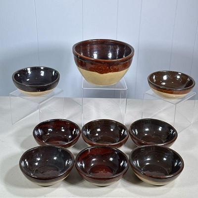 (9PC) CERAMIC BOWLS | Including: 8 brown glazed soup bowls and large glazed serving bowl. - h. 4.5 x dia. 8.5 in

