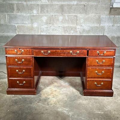 BERNHARDT PARTNERS DESK | Large Bernhardt partners desk with 3 graduated drawers on each side with brass pulls, large central drawer and...