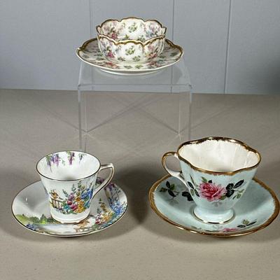 (6PC) MIXED TEACUPS & SAUCERS | Including: Haviland & Co Limoge floral & gilt teacup and saucer, Windsor rose & gilt...
