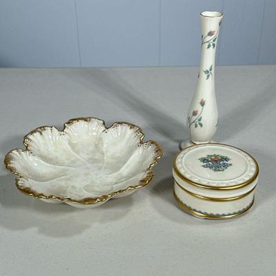 (3PC) MIXED LENOX CERAMICS | Including: Rose Manor bud vase, leaf form bowl with gilt rim, and Autumn Pattern round container. - h. 1.5 x...