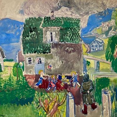 BRUNO KRAUSKOPF (GERMAN 1892-1960) WATERCOLOR | untitled. Watercolor on paper. 19 x 24.75 in. Sight. Depicting children playing in front...