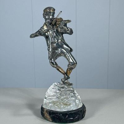 YAACOV HELLER (1941-) FIDDLER SCULPTURE | Signed Yaacov Heller silvered Judaica sculpture of fiddler mounted on acrylic with stone base....