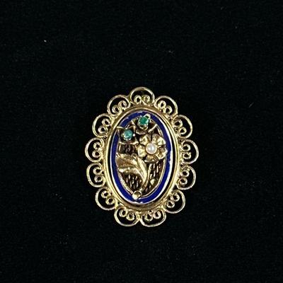 14K GOLD FLORAL PIN | Designed as a (tested to) 14K gold pin/brooch with enamel border and floral relief having pearl & gems, 1.5in.,...