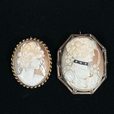 (2PC) 14K GOLD CAMEO BROOCH & OTHER | including: Tested to 14K gold rimmed cameo brooch/pin 1.75 in. total weight: 11.7g and other...