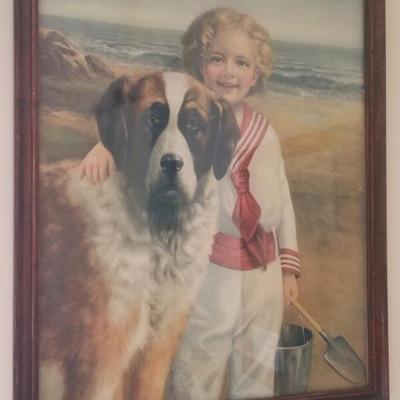 Vintage print - child with St. Bernard 