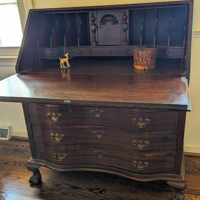 For immediate purchase-Maddox Mahogany slant front desk. 4 drawers. With key. 37" w x 41.5" h x 22" d. $299 Contact Barb...