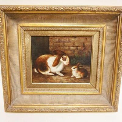 1005	OIL PAINTING ON CANVAS OF MOTHER & BABY RABBIT, ARTIST SIGNED BOROFSKY IN GILT SHADOW BOX FRAME
