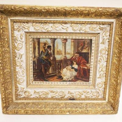 1019	OIL PAINTING ON BOARD OF A COURT SCENE BY A CANAL SIGNED EJR, APPROXIMATELY 16 IN X 17 IN OVERALL, IMAGE APPROXIMATELY 8 1/2 IN X 6...