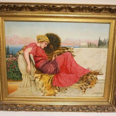 1026	OIL PAINTING ON CANVAS OF WOMAN RECLINING ON A BENCH W/LION PELT, SIGNED G.M. MASSEY, APPROXIMATELY 26 IN X 32 IN OVERALL, IMAGE...