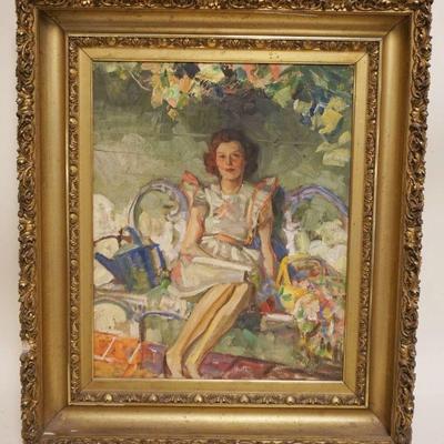1090	OIL PAINTING ON BOARD PORTRAIT, ANNOTATED ON BACK EMILY POST 50, ARTIST UNKNOWN, APPROXIMATELY 24 IN X 28 IN OVERALL, IMAGE...
