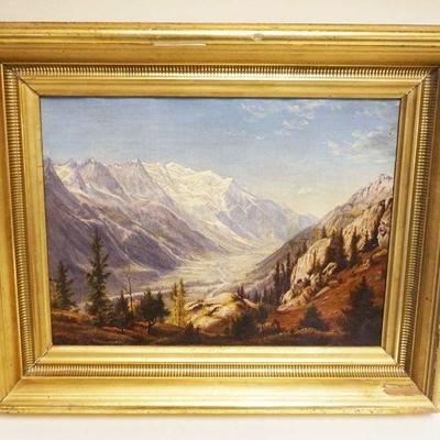 1017	OIL PAINTING ON CANVAS LANDSCAPE OF MOUNTAINSIDE W/SNOW CAPS, APPROXIMATEL 18 IN X 22 IN OVERALL, IMAGE APPROXIMATELY 12 IN X 20 IN
