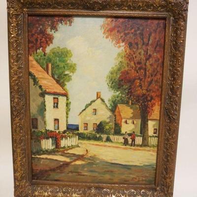 1038	OIL PAINTING ON CANVAS VILLAGE STREET SCENE, ARTIST SIGNED F.H. MCKAY, APPROXIMATELY 25 IN X 32 IN OVERALL, IMAGE APPROXIMATELY 19...
