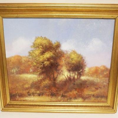 1079	OIL PAINTING ON CANVAS, AUTUMN LANDSCAPE, LESLIE WATKINS, APPROXIMATELY 30 IN X 26 IN OVERALL, IMAGE APPROXIMATELY 24 IN X 20 IN
