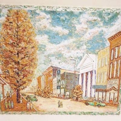 1073	FOLK ART OIL PAINTING ON BOARD *HANKS HARDWARE* PADUCALT KY DOWN BROADWAY 2 BLOCKS FROM RIVER, C COOK 1980, APPROXIMATELY 22 IN X 28...