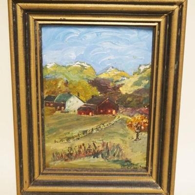 1042	OIL PAINTING ON BOARD LANDSCAPE VILLAGE, ARTIST SIGNED LOWER RIGHT, APPROXIMATELY 13 IN X 16 IN OVERALL, IMAGE APPROXIMATELY 8 IN X...