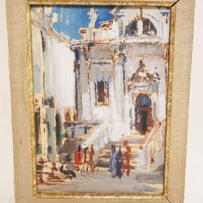 1057	OIL PAINTING ON BOARD, ABSTRACT STREET SCENE, APPROXIMATELY 11 IN X 14 IN OVERALL, IMAGE APPROXIMATELY 8 IN X 12 IN

