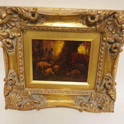 1110	OIL PAINTING ON CANVAS HENRY HAMMIND AHL SHEEP & COW IN WOODED AREA, ARTIST SIGNED LOWER RIGHT,  APPROXIMATELY 15 IN X 17 IN...