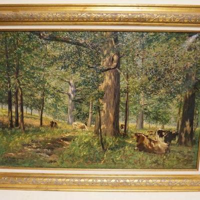 1103	CHARLES ALBERT BURLINGAME OIL PAINTING LANDSCAPE COWS & STEER IN WOODED FORREST, APPROXIMATELY 44 IN X 32 IN, IMAGE...
