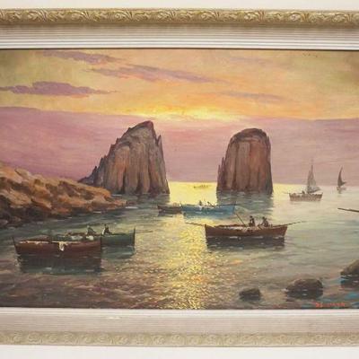 1033	OIL PAINTING ON CANVAS HARBOR SCENE AT SUNSET, ARTIST SIGNED DE SILVA, APPROXIMATELY 41 IN X 29 IN OVERALL, IMAGE APPROXIMATELY 36...