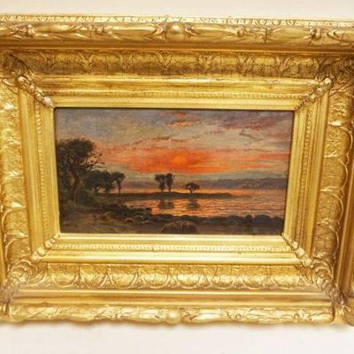 1015	OIL PAINTING ON CANVAS ARTIST SIGNED FRANK SNOW, SUNSET ON A LAKE SHORE, APPROXIMATELY 15 IN X 20 IN OVERALL, IMAGE APPPROXIMATELY 7...