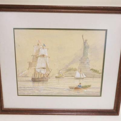 1076	FREDERICK TORDOFF WATERCOLOR OF NEW YORK HARBOR W/STATUE OF LIBERTY & SAILING SHIPS, APPROXIMATELY 23 IN X 24 IN OVERALL, IMAGE...