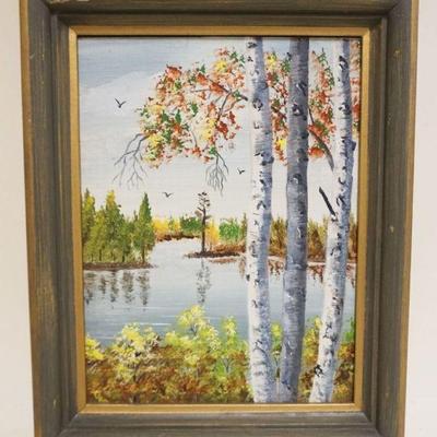 1043	OIL PAINTING ON BOARD LANDSCAPE BIRCH TREES, APPROXIMATELY 12 IN X 15 IN OVERALL, IMAGE APPROXIMATELY 9 IN X 12 IN

