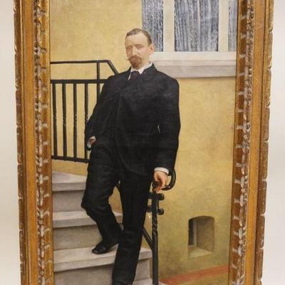 1049	OIL PAINTING ON CANVAS PORTRAIT OF GENTLEMAN SMOKING A CIGAR LEANING ON IRON STAIR RAIL, ARTIST SIGNED, APPROXIMATELY 26 IN X 41 IN...