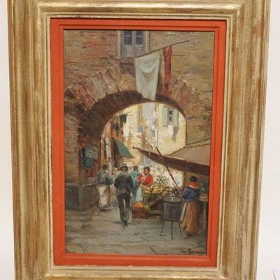 1031	OIL PAINTING ON CANVAS CONTINENTAL SCENE, ARTIST SIGNED LOWER RIGHT, APPROXIMATELY 19 IN X 25 IN OVERALL, IMAGE APPROXIMATELY 11 IN...
