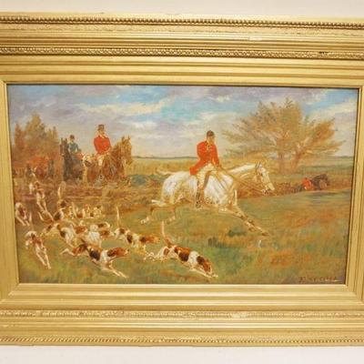 1047	OIL PAINTING ON CANVAS HUNT SCENE SIGNED BLINKS DATED 1902, APPROXIMATELY 19 IN X 27 IN OVERALL, IMAGE APPROXIMATELY 12 IN X 20 IN

