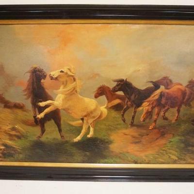 1097	OIL PAINTING ON CANVAS OF WILD HORSES, APPROXIMATELY 41 IN X 29 IN OVERALL, IMAGE APROXIMATELY 38 IN X 24 IN
