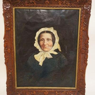 1050	OIL PAINTING ON CANVAS PORTRAIT OF WOMAN WEARING A LACE BONNET, APPROXIMATELY 24 IN X 29 IN OVERALL, IMAGE APPROXIMATELY 18 IN X 23 IN
