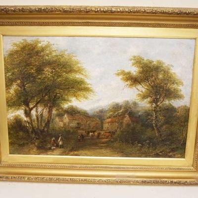 1098	OIL PAINTING ON CANVAS LANDSCAPE HOUSE W/OUTBUILDINGS, LIVE STOCK, & PEOPLE, ARTIST SIGNED LOWER LEFT, APPROXIMATELY 38 IN X 29...