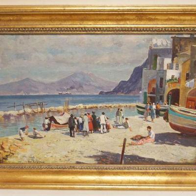 1004	OIL PAINTING ON BOARD CONTINENTAL SHORE SCENE W/PEOPLE ON BEACH, ARTIST SIGNED
